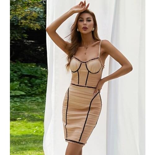 2021 New Bandage Dress Sexy Women Spaghetti Strap Bodycon Party Club Summer Elegant Mesh Clothes