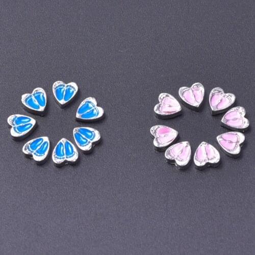 20pcs/Lot Wholesale Baby Footprints Heart Charms For Jewelry Making DIY Floating Charm Locket Pink Blue Accessories Alloy Craft