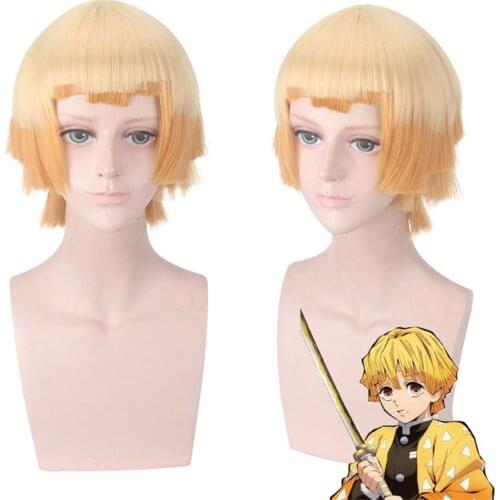 Demon Slayer: Kimetsu no Yaiba Agatsuma Zenitsu Wig Cosplay Costume Synthetic Hair Short Golden Hairpiece