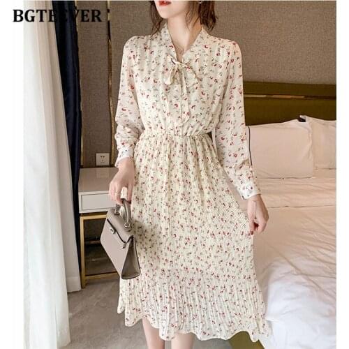 BGTEEVER Elegant Floral Print Bow Neck Female A-line Dress Summer Full Sleeve Elastic Waist Vestidos Women Chiffon Dress 2021