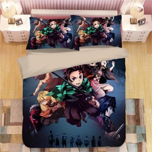 Demon Slayer Kimetsu No Yaiba Sticker Bed Linen Cartoon Anime Duvet Covers Pillowcases Kids Anime Comforter Bedding Sets Bed Set
