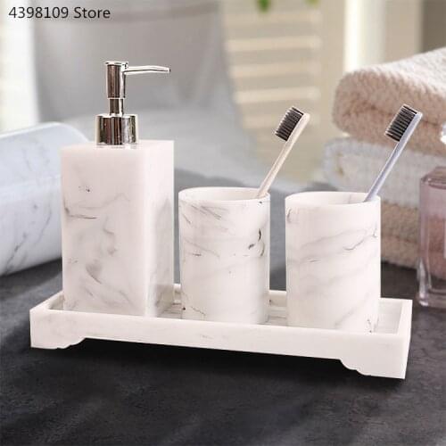 Bathroom supplies marble texture resin bathroom accessories with dispenser toothbrush holder soap dispenser bathroom toiletries