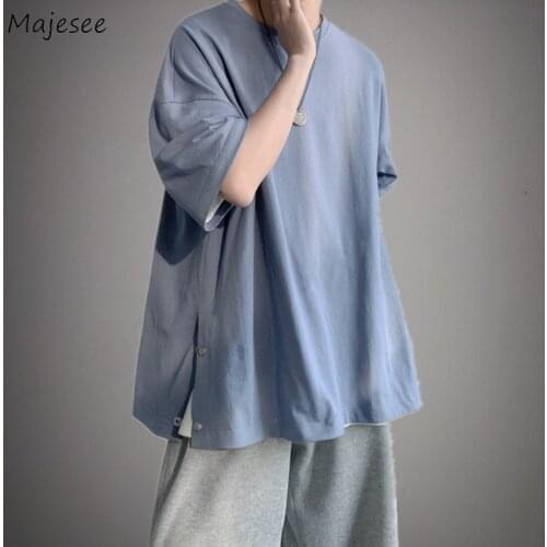 Side-split Button T-shirts Men Summer Half Sleeve Tees Solid Baggy Daily Harajuku Ins Comfortable Tops Outwear Ulzzang Handsome