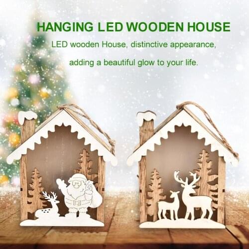 Christmas Elk Santa House Wooden Ornaments Desktop Festival LED Light Wood House Embellishments for Party Props Home Decor