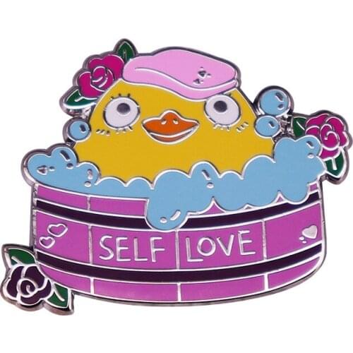 SELF LOVE Duck Take a Bath Cute Cartoon Metal Enamel Lapel Clothes Coats Bag Badge Brooch Pin Accessories