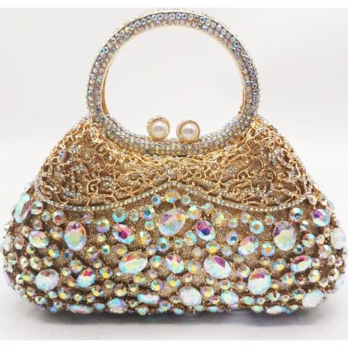 AB Rhinestone Gold Metal Party Prom Purses Luxury Elegant Women Shoulder Crystal Wedding Purse Bridal Clutches Small Phone Case