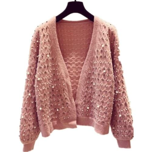 Women 2021 New Casual Pearl Sweaters Long Sleeves Cardigans coat Plus Size Vintage Warm Knitted Tops Loose Female Knitwear G710
