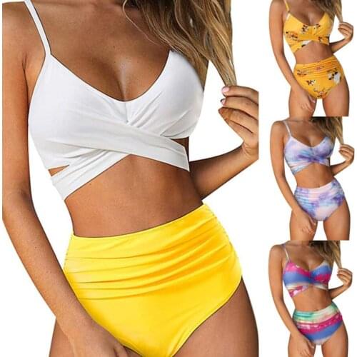 High Waist Womens Swimsuit Brazilian Bikini 2 Pieces Separate Flower Print Swimwear Sets Shorts Solid Brazilian Bikini Panties