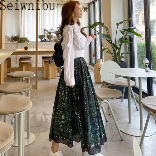 Fashion Office Wear 2 Pieces Set Long Sleeve White Blouses And Print Pleated Skirt Suits Female 2020 Elegant Korean OL Women Set