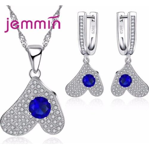 Unique Heart Design Round Tiny CZ Crystal Jewelry Sets 925 Sterling Silver Necklaces Pendant Earrings Gifts for Women