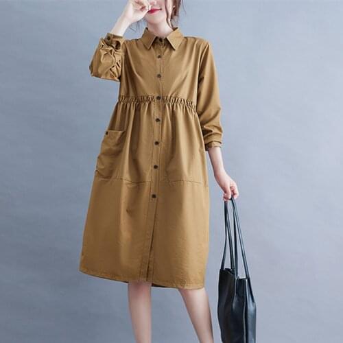 2021 New Arrival Fashion Single Breasted Outwear Blouse Women Spring Autumn Dress Pockets Draw String Office Lady Work Dress