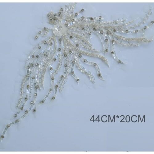 1pair luxury beaded embroidery lace appliques for wedding dresses Rhinestone lace applique patches Embroidery lace parches ropa