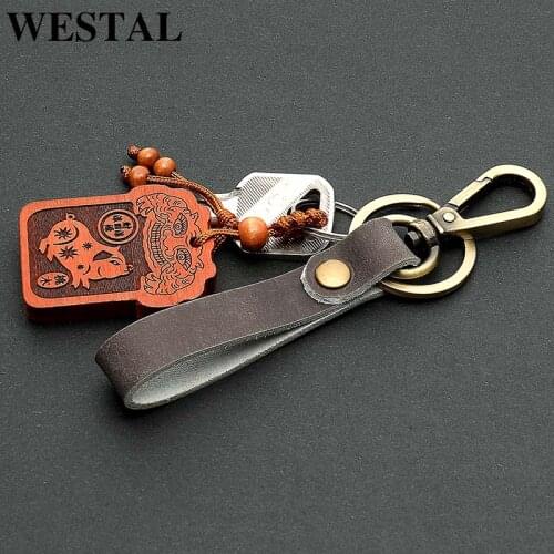 WESTAL Genuine Leather Women Men Keychain Keyring Handmade Key Holder Bags Jewelry Designer Creative Gift Key Cow leather 9085