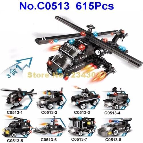 C0513 615pcs 8in1 Military Swat Apache Helicopter Amored Car Vehicle Patrol Boat Building Block Toy