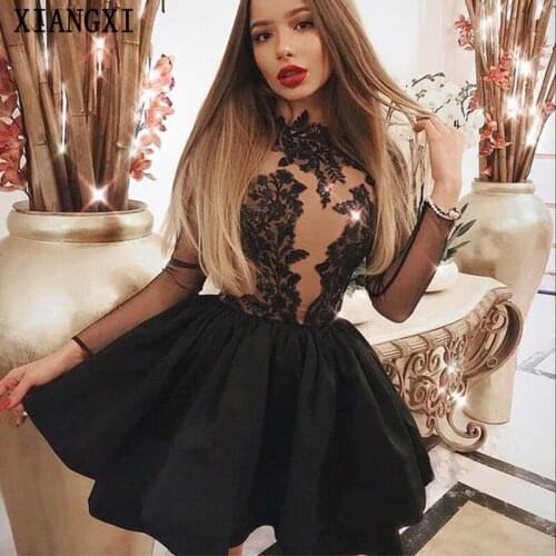 Vestido 2020 Black Homecoming Dresses High Collar Full Sleeves Lace Short Mini Party Dress Homecoming Dress Graduation Dresses