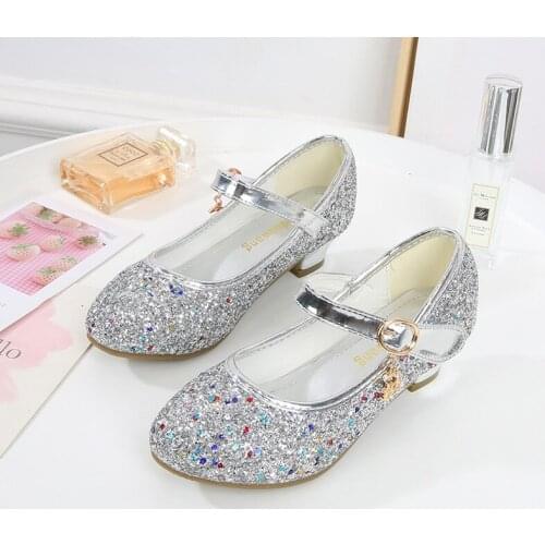 2020 Princess Kids Leather Shoes for Girls Casual Glitter Children High Heel Girls Shoes Butterfly Knot Blue Pink Silver