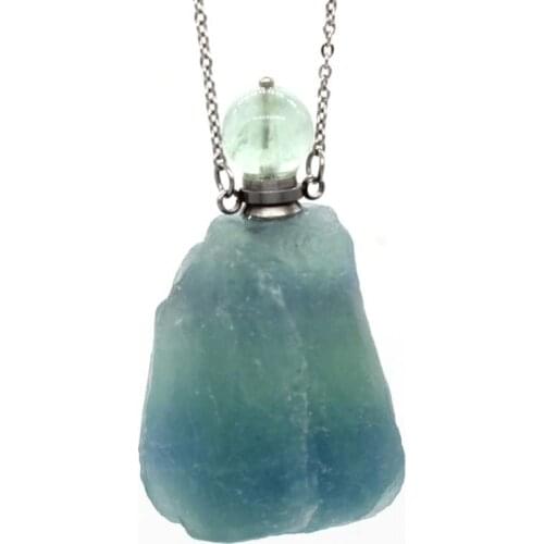 KFT Natural Irregular Rough Fluorite Stone Essential Oil Diffuser Perfume Bottle Pendnat Healing Reiki Stone Pendant Necklace