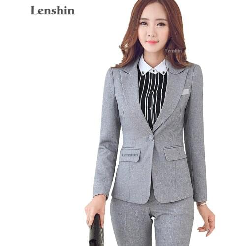 Lenshin 2 Piece Set Women Business Formal Office Lady Gray Pants Suits Work Wear One Button Uniform Design Blazer with Pant