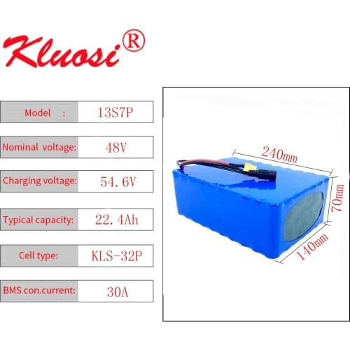KLUOSI 48V Battery 13S7P 48V 22.4Ah 22Ah 54.6V Li-ion Battery Pack for With 30A BMS Motor Electric Scooter Vehicle Ebike Bicycle
