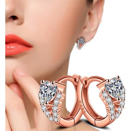 Cute Small Hoop Earrings V-Shape Crystal Heart Zircon Stone Elegant Earring Jewelry Rose Gold Earring Huggies For Women Gifts