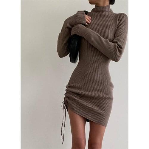 Fashion Long Sleeve Turtleneck Knitted Dress Women 2021 Autumn Winter warm Sweater Bodycon Mini Dresses For Woman Robe Femme