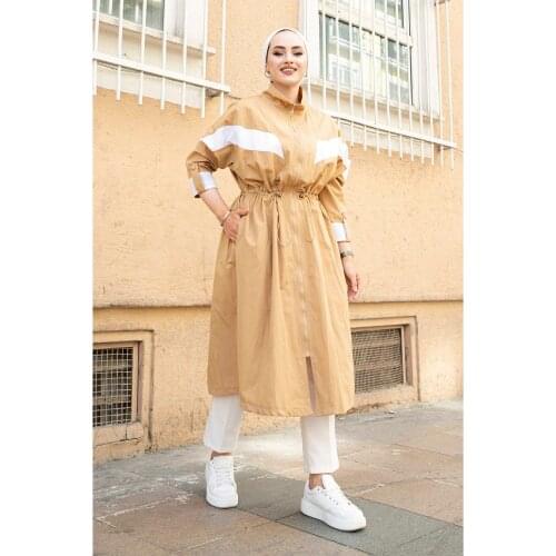 Stripe Detailed Waist Pleated Trench Muslim tops Muslim sets Tunic women Abayas Modest tops Muslim tunic Muslim tops women Tunic