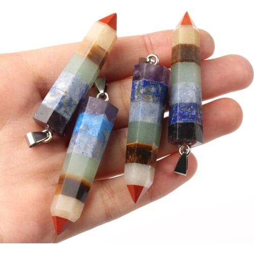 Natural Layered Rainbow Stone 7 Chakra Cylinder Prism Bullet Shape Charms for Jewelry Making DIY Pendants Necklace Accessories