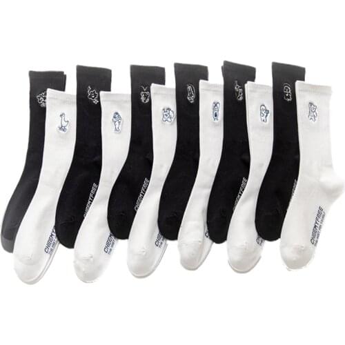 Middle Tube Cotton Socks Women Cartoon Animal Embroidery Cute Long Winter White Socks Girl Style Fashion New 6Pair Leg Warmers