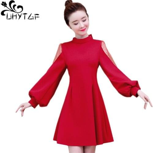 UHYTGF Womens spring autumn dress fashion lace stitching long sleeves elegant dresses red pullover sexy dress 5XL plus size 1282