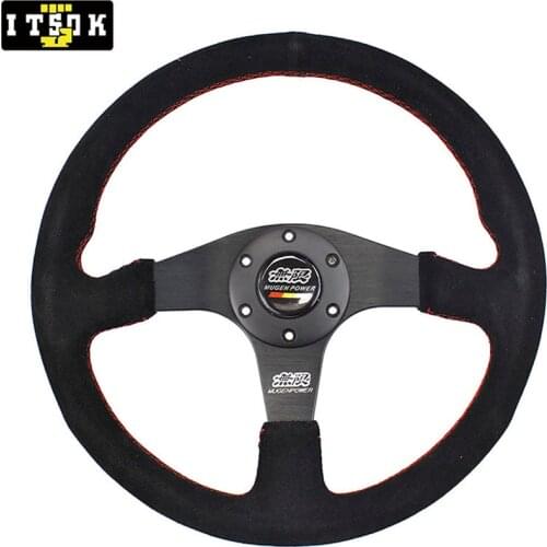 Mugen Steering Wheel Suede 14inch 350mm Universal JDM Tuning Drift Racing Red Stitching Flat Spoke Sports Auto Rally Simulated
