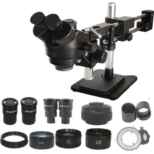 3.5X-180X Double arm Simul Focal trinocular stereo Microscope 144 Led lights 0.7X 0.5X 2.0X objective lens PCB repair tools
