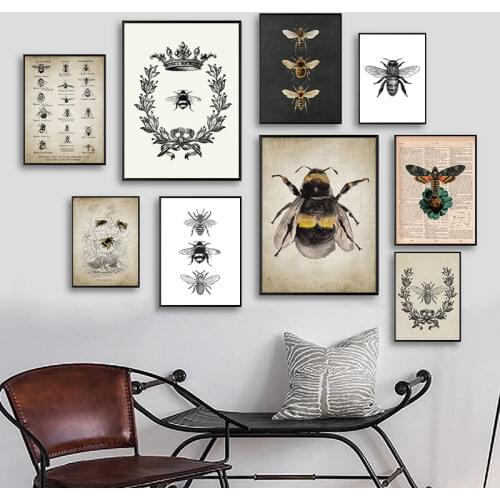 Vintage Bee Poster Prints French Country Cottage Wall Art Canvas Painting Picture Victorian Art Print Farmhouse Art Wall Decor