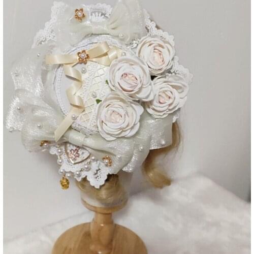 Japanese Lolita Lace Bonnet Top Hat Sweet Bowknot Rose Flower Heart Pendant Flat Cap Kawaii Cosplay Side Hair Clip