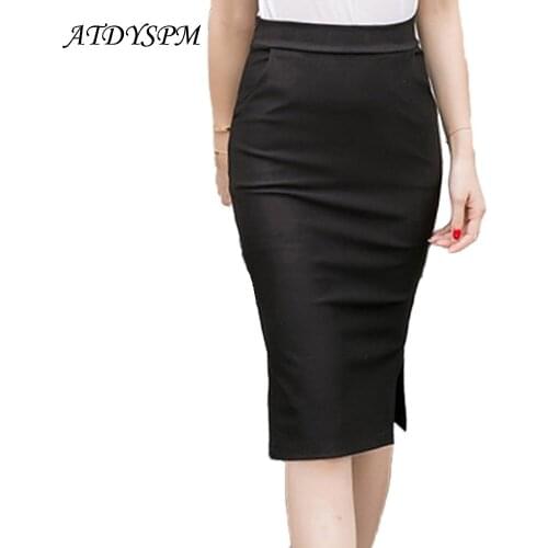 Plus Size Women Skirts With Pockets High Waist Pencil Skirt Elastic Bandage Skirt Two Side Slit Midi Skirt For Women Jupe Femme