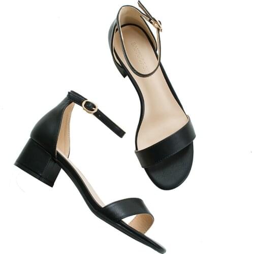 Sexy word buckle sandals women 2020 summer new PU Buckle Strap 4CM Thick High Heels Round Toe Shallow Back Strap women shoes