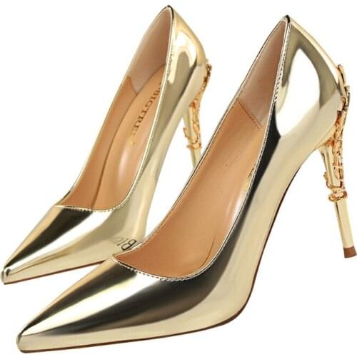 9219-7 European And American Style Fashion Sexy Metal Heel Women Shoes Stiletto High-Heeled Shallow Pointed Patent Leather Shoes