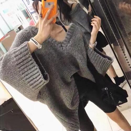 Fall 2020 New V Neck Oversized Sweater Off Shoulde Women Knitted Pullover Sweater Harajuku Lazy oaf Loose Blusa de frio Feminina