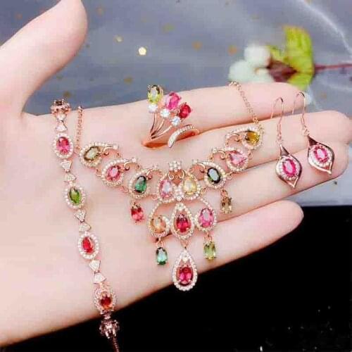 Natural Tourmaline Jewelry Sets for Women Multicolored Gemstones Party Ring Necklace Earrings and Bracelet Fine Jewelry S925