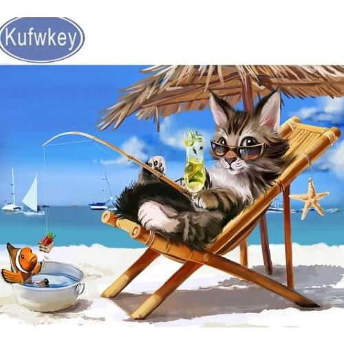 Animal Diamond Embroidery cat sea beach fishing 5D diy Diamond Painting Cross Stitch cat picture Diamond Mosaic home Decoration
