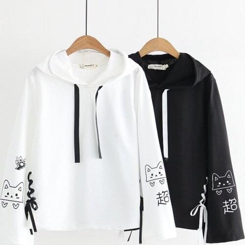 2021 Spring Women Mori Girl Style Cat Print Flared Sleeve Hoodies Harajuku Cotton Hooded Girls Sweatshirts
