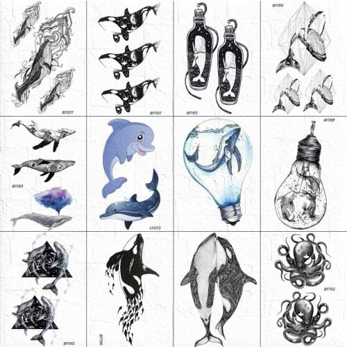 3D Black Fake Tattoos Stickers Cartoon Whale Bulb Women Body Arm Tattoos Temporary Girls Dolphin Chest Neck Tatoo Supplies Ocean