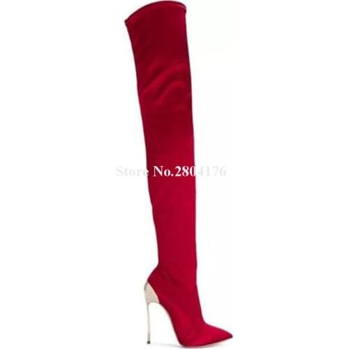 Brand Design Women Fashion Pointed Toe Elastic Metal Stiletto Heel Over Knee Boots Bandage Thigh Long High Heel Boots Party Shoe
