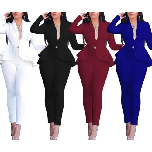 Imcute 2 Pieces Suits Business Wear Women’ s Formal Solid Color Turn-Down Neck Long Sleeve Ruffles Tops and Long Trousers Sets
