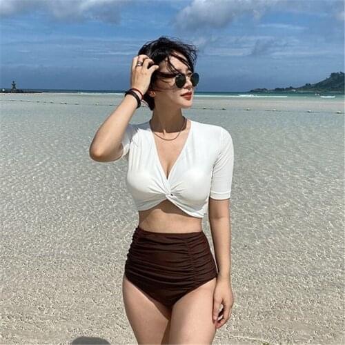 Short Sleeve Swimwear High Waist Bikini Set Sexy Bandage Bathing Suit Push Up Swimsuit Pad WOmen Summer Swmming Biquinis Tankini