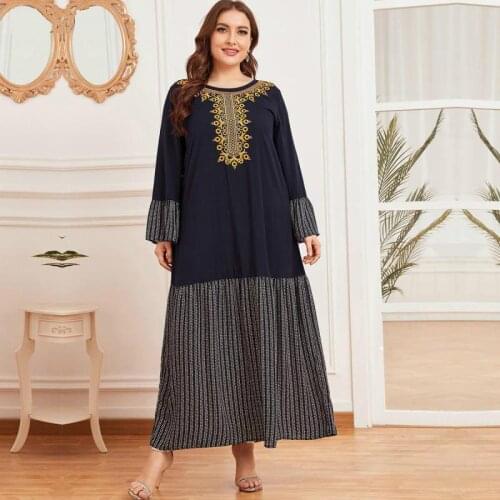 Moroccan Fashion Embroidery Stitching Folds Retro Ethnic Style Oversized Size Long Sleeve Dress Abaya Muslim Womens Dress