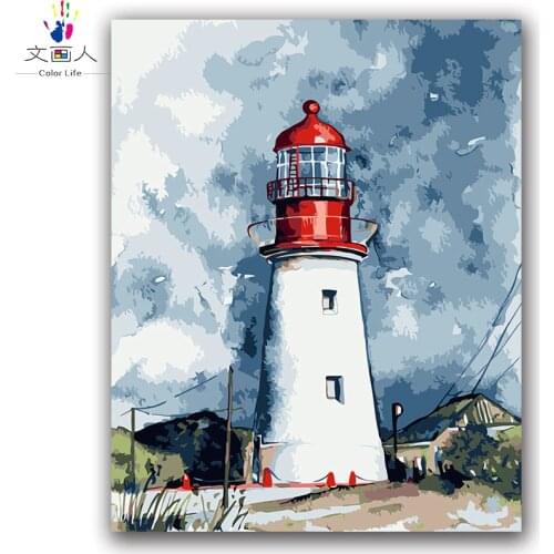 Lighthouse Defend Picture Painting By Numbers Seascape Landscape building with kits package On Canvas coloring paint by numbers