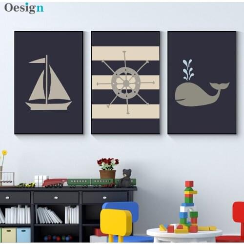 Navy&Gray Nautical Theme Wall Art Cartoon Sailboat Animal Canvas Painting Nursery Posters Christmas Gift for Kids Bedroom Decor