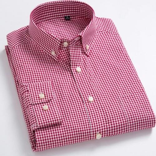 Men Long Sleeve Small Plaid Shirts Slim Fit Patch Pocket Thin Soft 100% Cotton White/red Lines Checked Plaid Casual Shirts