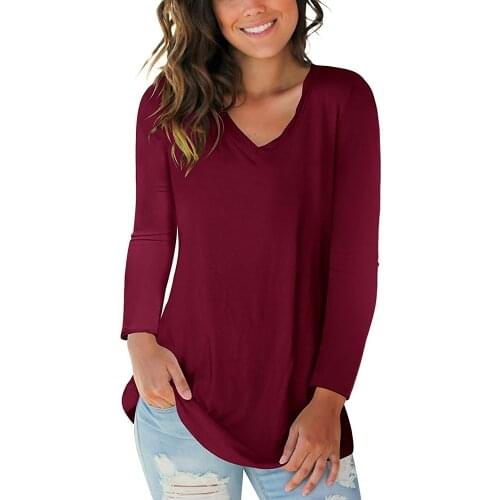 Autumn Winter Women T-shirt Solid Color V Neck Long Sleeve Rounded Hem Long Casual Home Wear Fashion Tops