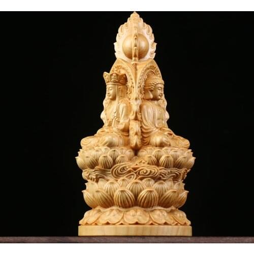 Boxwood 15cm Three Buddha Sculpture Shakyamuni Guanyin Ksitigarbha Wood Statue Guan Yin Worship Home Decor